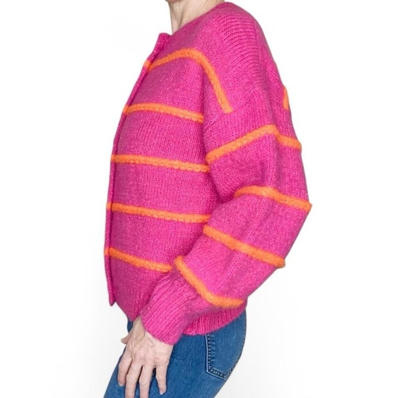 NWT Fashion Clothing Pink & Orange Striped Puff Sleeve Preppy Cardigan Sweater - Picture 6 of 8